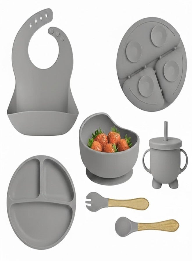 BIYALI 6Pcs Feeding Essentials – Baby Led Weaning Supplies with Baby Plates/Silicone Bibs/Spoons/Sippy Cups/Toddler Plates &Bowls Set – Baby Essentials – Baby Utensils Set –Tableware kit (Grey) - Image 1