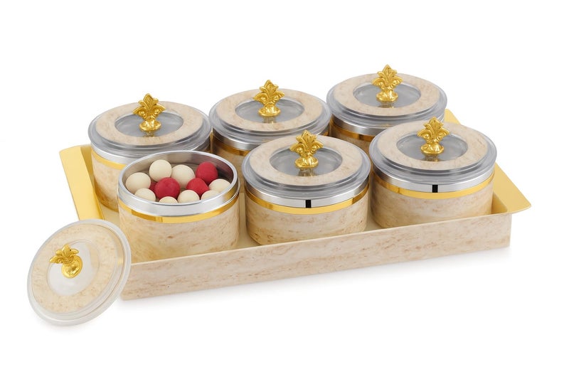 Nabhya Jupiter Multipurpose Dry Fruit Air Tight Storage Container With Inner Steel Bowl & Serving Tray for Home & Kitchen 500ml (Beige, Set of 6) - Image 1