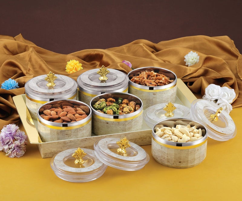 Nabhya Jupiter Multipurpose Dry Fruit Air Tight Storage Container With Inner Steel Bowl & Serving Tray for Home & Kitchen 500ml (Beige, Set of 6) - Image 2