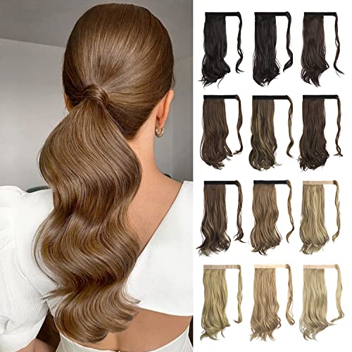 SOFEIYAN Curly Ponytail Extension 15 Inch Heat Resistant Synthetic Natural Wavy Hairpiece Wrap Around Pony Tail Hair Extensions for White Black Women Hair Piece, Light Auburn Brown - Image 1