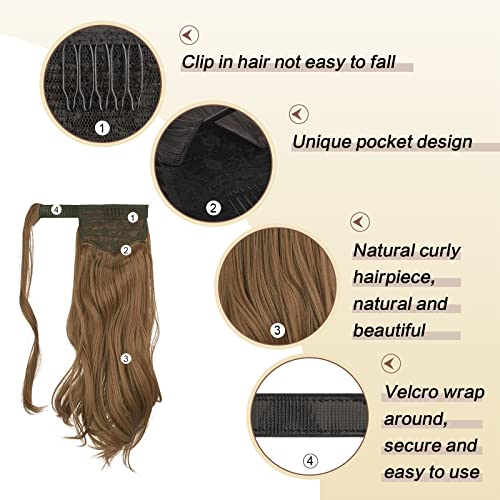 SOFEIYAN Curly Ponytail Extension 15 Inch Heat Resistant Synthetic Natural Wavy Hairpiece Wrap Around Pony Tail Hair Extensions for White Black Women Hair Piece, Light Auburn Brown - Image 5