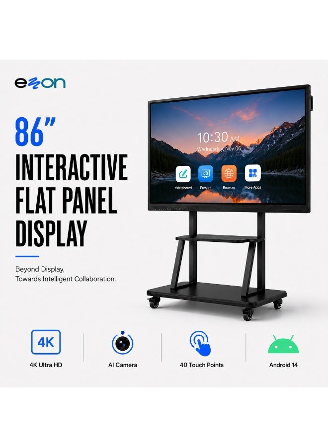 إيزون eZon 86" Interactive Flat Panel Display, 4K UHD Smart Board, Android 14, 8GB RAM, 128GB Storage, 48MP AI Camera, 8-Mic Array, Touchscreen Display for Meeting Rooms and Classrooms - Image 1
