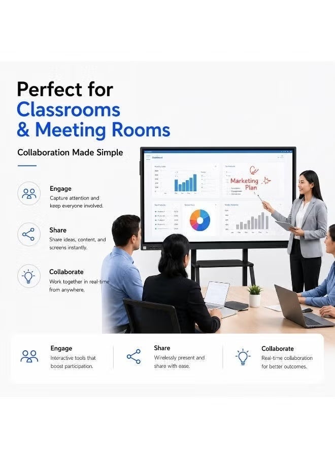 إيزون eZon 86" Interactive Flat Panel Display, 4K UHD Smart Board, Android 14, 8GB RAM, 128GB Storage, 48MP AI Camera, 8-Mic Array, Touchscreen Display for Meeting Rooms and Classrooms - Image 3