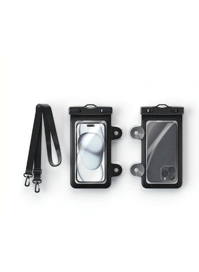 Double Suction Cup Waterproof Phone Case Touchable Screen Transparent Mobile Phone Waterproof Bag Full View Thick Strap,2 Pack Phone Dry Bags Pvc Universal Diving Phone Bag For Outdoor Travel(YS22 black)