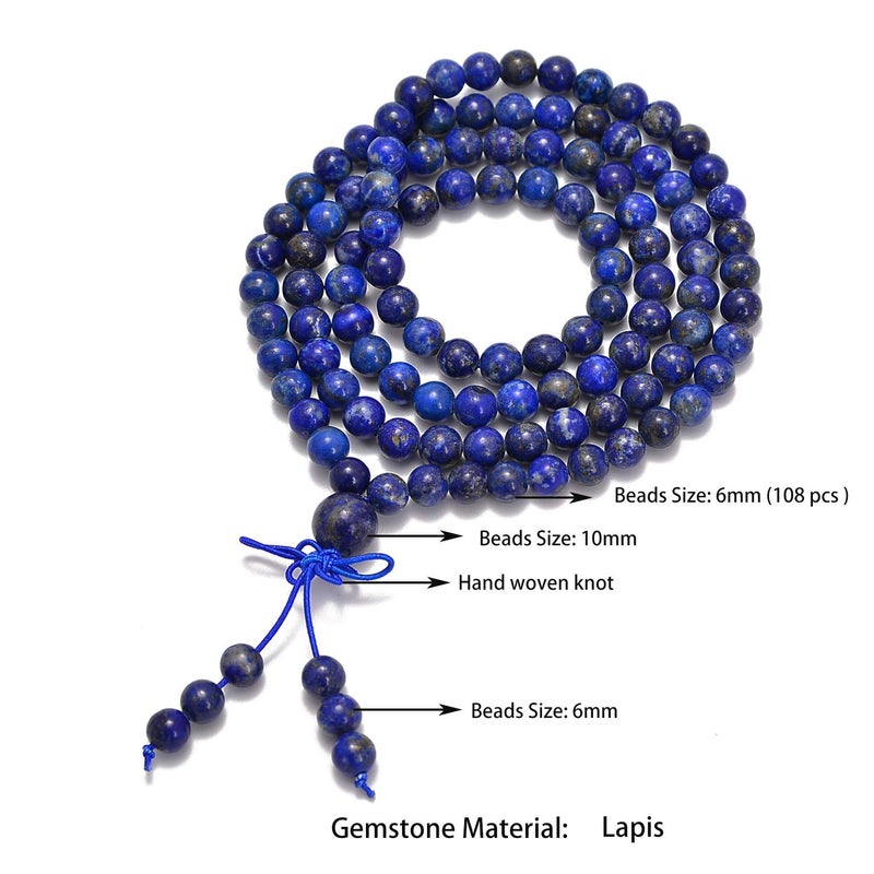 AD Beads Gemstones Buddhist 108 Prayer Healing Beads Mala Stretchy Bracelet Necklace 6mm (Lapis) - Image 3