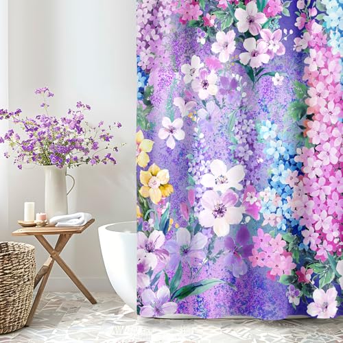 BayNook Purple Floral Shower Curtain, Cute Colorful Flower Fabric Shower Curtains for Bathroom, Pretty Funky Watercolor Cloth Shower Curtain Set Trendy Waterproof Bath Curtain 72x72 - Image 3