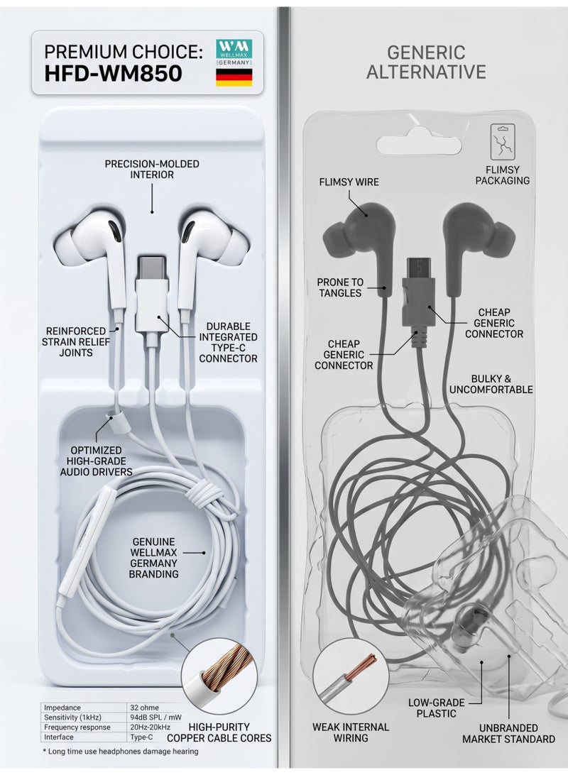 WELLMAX WM WMAX WM550 Type-C Earphones – High-Quality Digital In-Ear Wired Headphones with HD Microphone and Volume Control for iPhone 15/16, Samsung Galaxy S24, and Pixel Devices - Image 4