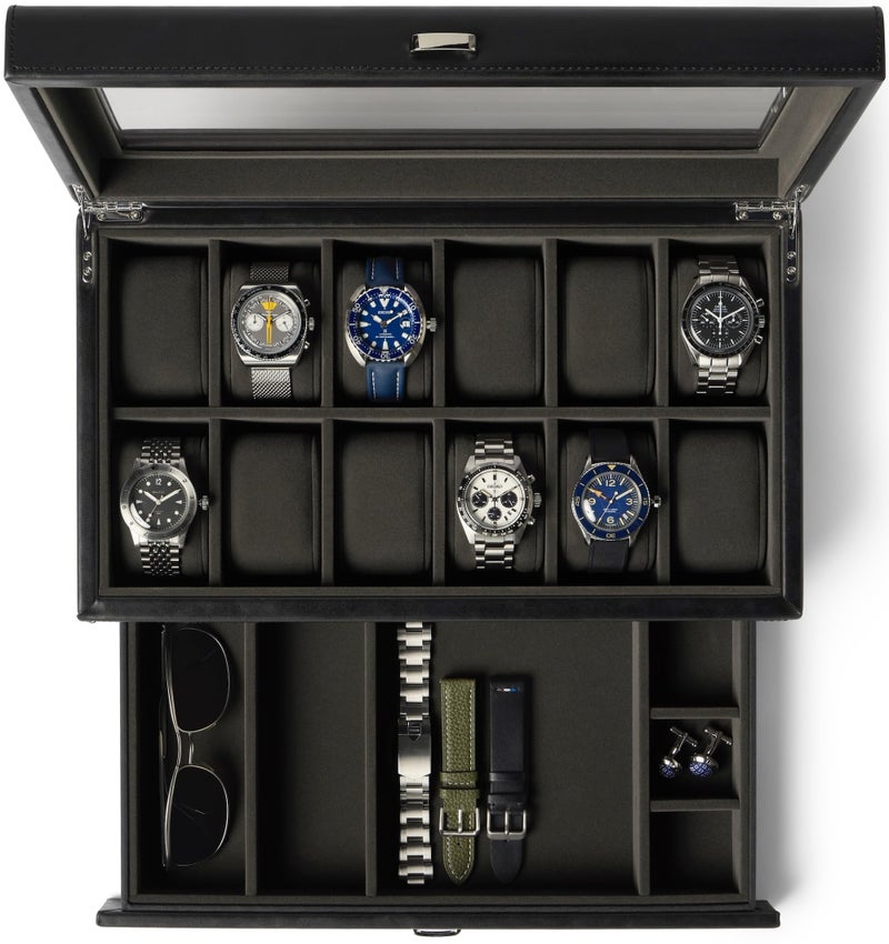 TAWBURY 12 Slot Watch Box with Storage Drawer Premium Black PU Leather Watch Box for Men Easy Onehand Opening Plush Velveteen Interior BlackCharcoal - Image 2