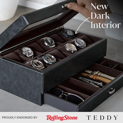 TAWBURY 12 Slot Watch Box with Storage Drawer Premium Black PU Leather Watch Box for Men Easy Onehand Opening Plush Velveteen Interior BlackCharcoal - Image 3