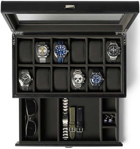 TAWBURY 12 Slot Watch Box with Storage Drawer Premium Black PU Leather Watch Box for Men Easy Onehand Opening Plush Velveteen Interior BlackCharcoal - Image 1