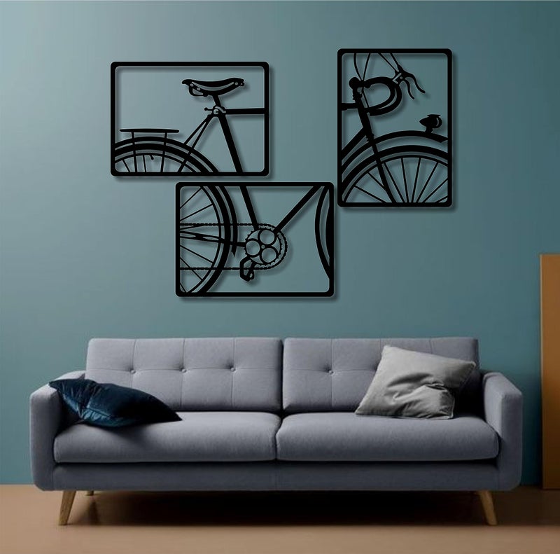 AD INFINITUM® Wooden Wall Art Hanging | Black Designed Wooden Decor Sculptures | Black Wall Art Decoration for Contemporary Home, Bedroom, Living Room, Office etc. (Bicycle, Set of 3) - Image 3