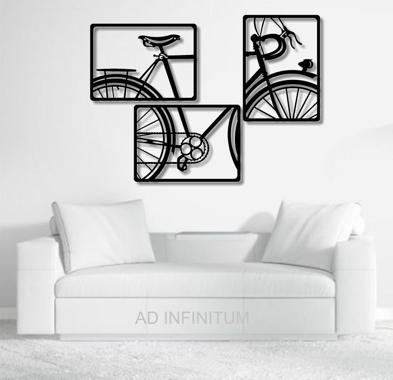 AD INFINITUM® Wooden Wall Art Hanging | Black Designed Wooden Decor Sculptures | Black Wall Art Decoration for Contemporary Home, Bedroom, Living Room, Office etc. (Bicycle, Set of 3) - Image 1