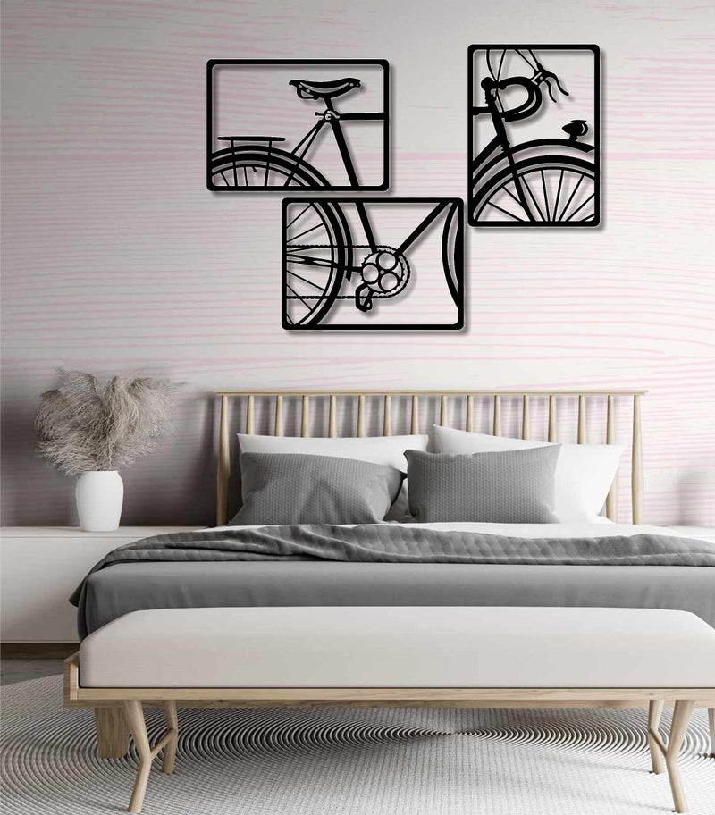 AD INFINITUM® Wooden Wall Art Hanging | Black Designed Wooden Decor Sculptures | Black Wall Art Decoration for Contemporary Home, Bedroom, Living Room, Office etc. (Bicycle, Set of 3) - Image 5