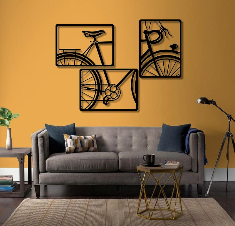 AD INFINITUM® Wooden Wall Art Hanging | Black Designed Wooden Decor Sculptures | Black Wall Art Decoration for Contemporary Home, Bedroom, Living Room, Office etc. (Bicycle, Set of 3) - Image 2