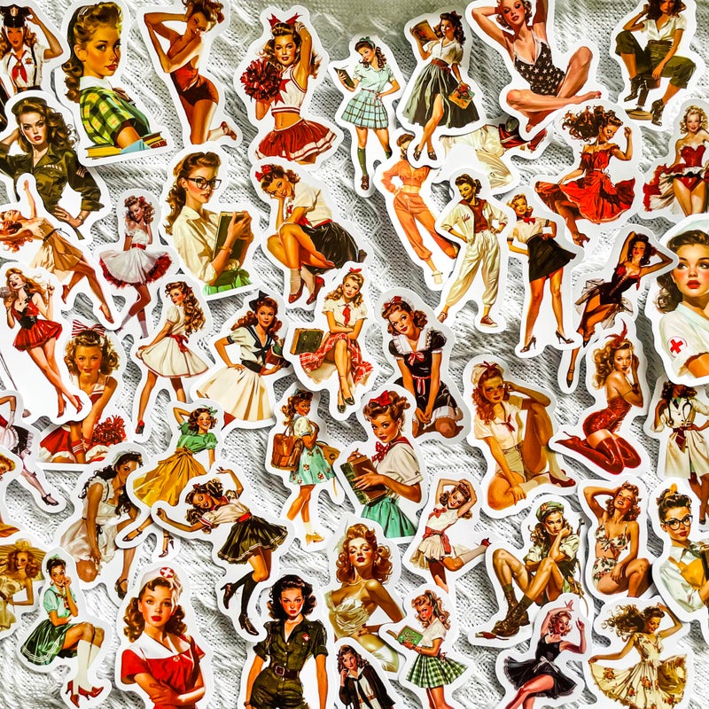 PIGBIT 50 Pcs Retro Pinup Girl Stickers â€“ Vintage 1950s Aesthetic Decals for Scrapbooking, Laptop, Journal, Water Bottle, Luggage â€“ Classic American Nostalgia Art Style - Image 1