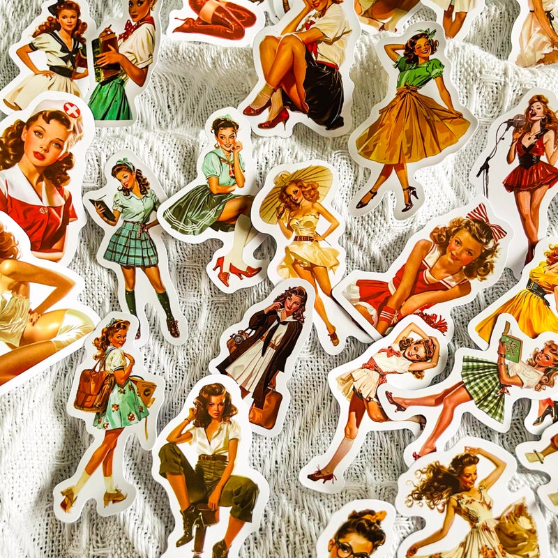PIGBIT 50 Pcs Retro Pinup Girl Stickers â€“ Vintage 1950s Aesthetic Decals for Scrapbooking, Laptop, Journal, Water Bottle, Luggage â€“ Classic American Nostalgia Art Style - Image 3