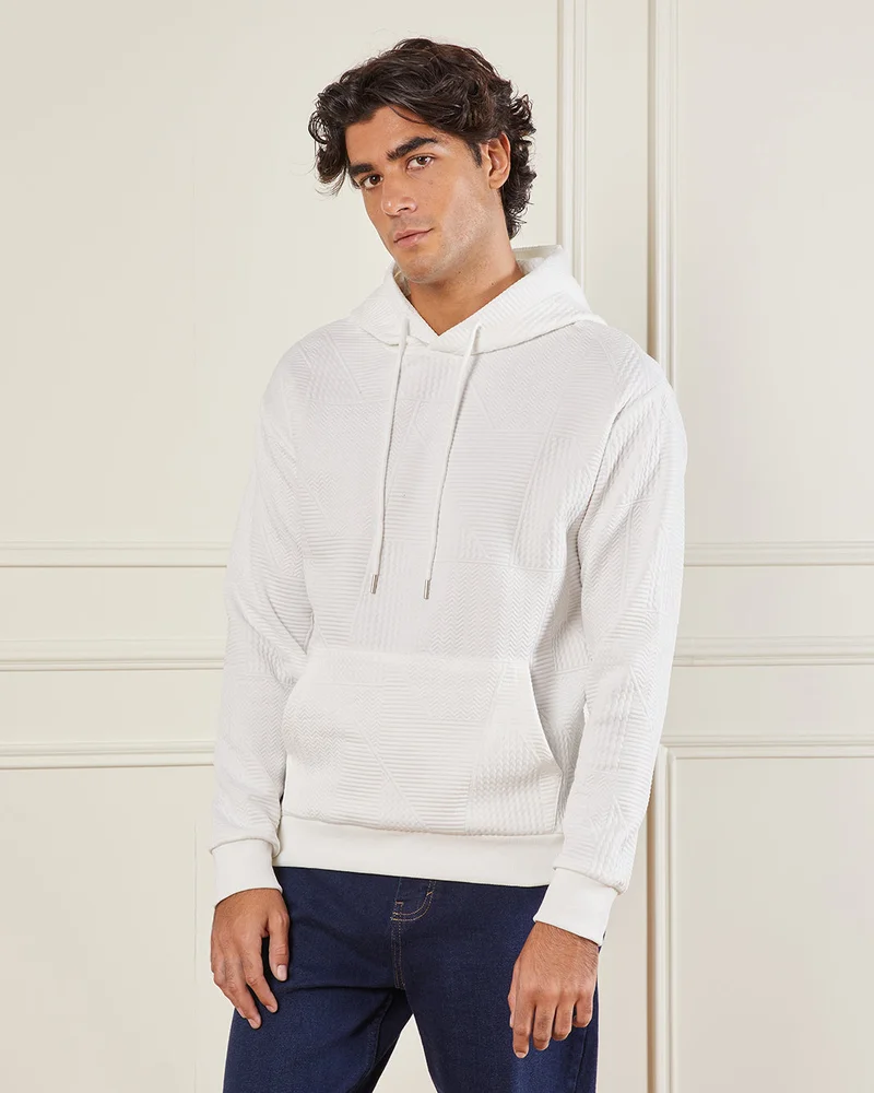 Redtag Men White Textured Hooded Sweatshirt