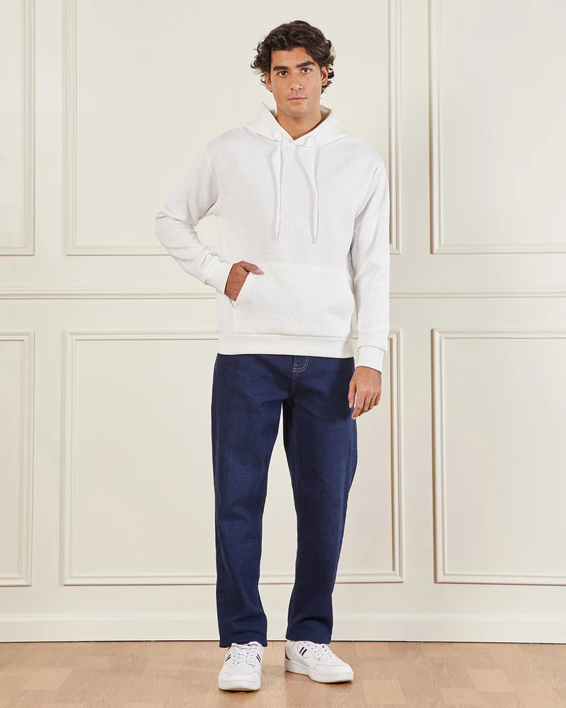 Redtag Men White Textured Hooded Sweatshirt