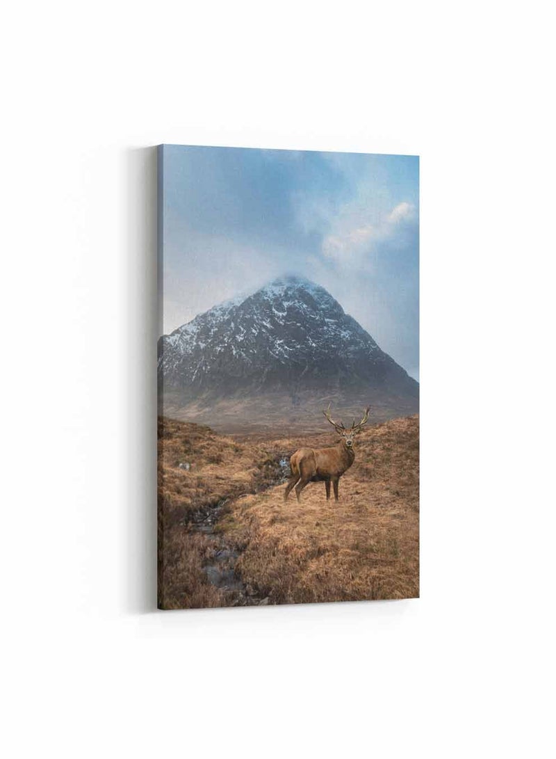 LOWHA Framed Canvas Wall Art Stretched Over Wooden Frame, Deer In Beautiful Landscape Painting, For Home, Living Room, Office Decor - Image 1