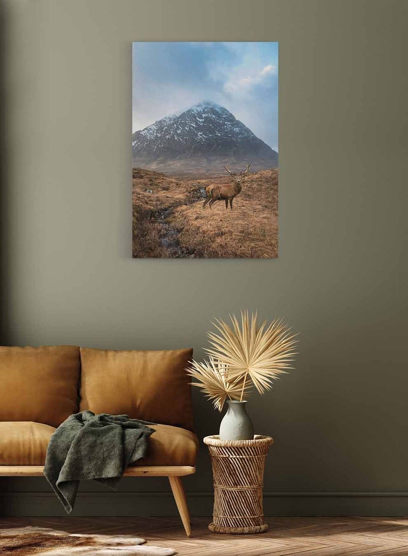 LOWHA Framed Canvas Wall Art Stretched Over Wooden Frame, Deer In Beautiful Landscape Painting, For Home, Living Room, Office Decor - Image 3