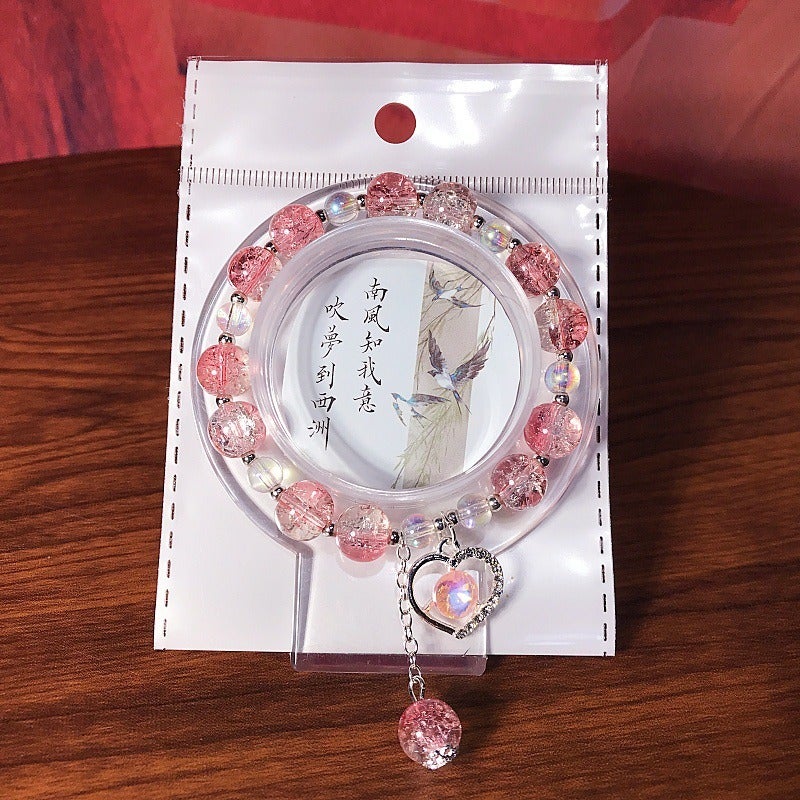 New Heart Crystal Beaded Bracelet Glass Charm Jewelry for Kids, Sweet and Fresh Student Gift
