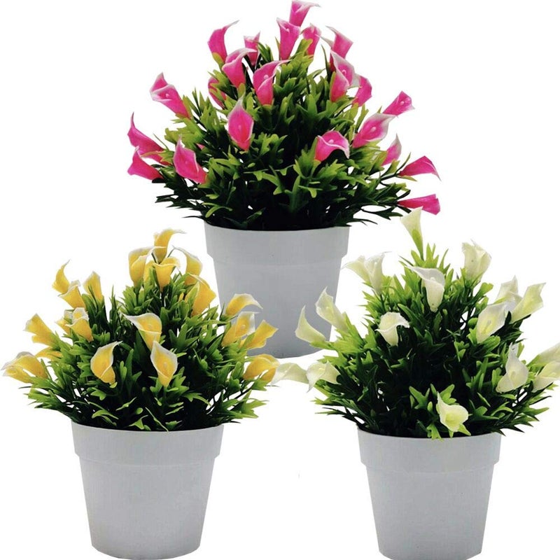 Fycooler Calla Lillies Artificial Flowers Potted  3 PCS Artificial Calla Lily in Pot  Artificial Calla Lily Flowers Greenery Plants for DIY Floral Arrangements Bridal Wedding Home Decoration