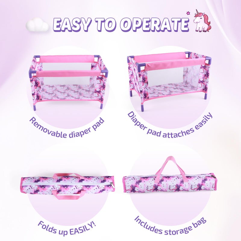 BABESIDE Baby Doll Crib Set for 18 Inch Dolls, Foldable Baby Doll Bed Playpen Toy Crib with Storage Bag for Reborn Baby Doll Accessories, Purple Babydoll Crib - Image 4
