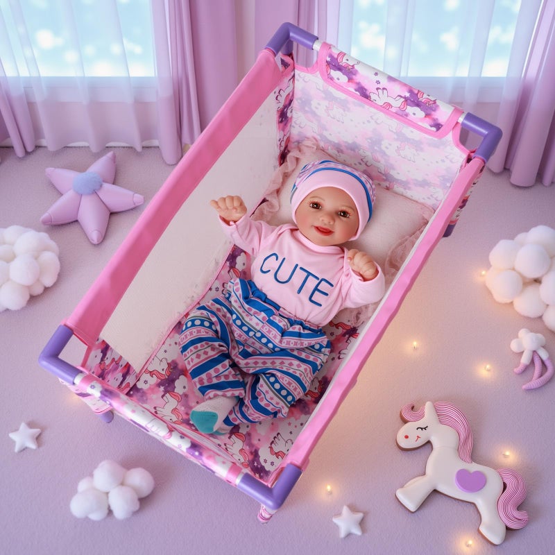 BABESIDE Baby Doll Crib Set for 18 Inch Dolls, Foldable Baby Doll Bed Playpen Toy Crib with Storage Bag for Reborn Baby Doll Accessories, Purple Babydoll Crib - Image 5