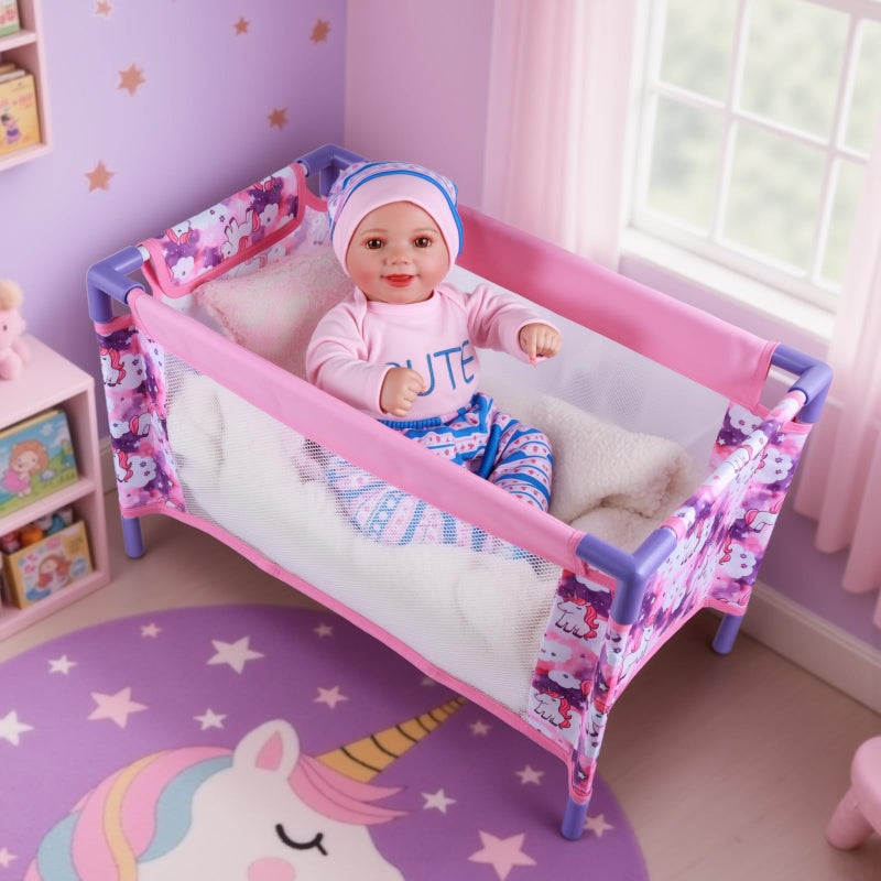 BABESIDE Baby Doll Crib Set for 18 Inch Dolls, Foldable Baby Doll Bed Playpen Toy Crib with Storage Bag for Reborn Baby Doll Accessories, Purple Babydoll Crib - Image 1