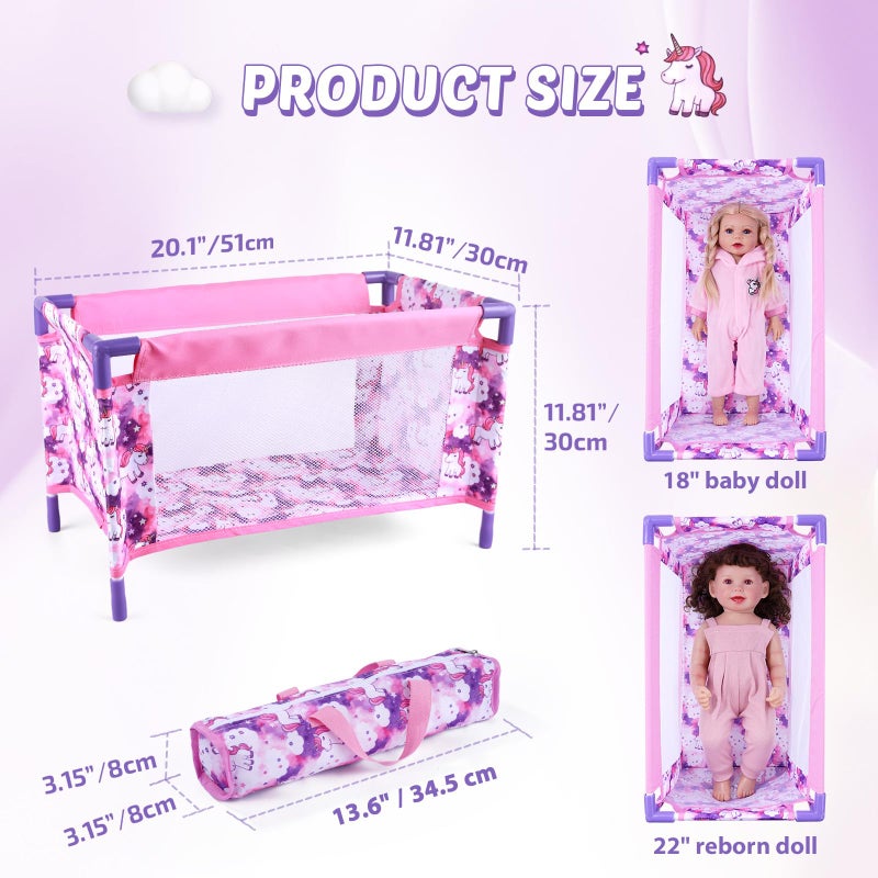 BABESIDE Baby Doll Crib Set for 18 Inch Dolls, Foldable Baby Doll Bed Playpen Toy Crib with Storage Bag for Reborn Baby Doll Accessories, Purple Babydoll Crib - Image 3