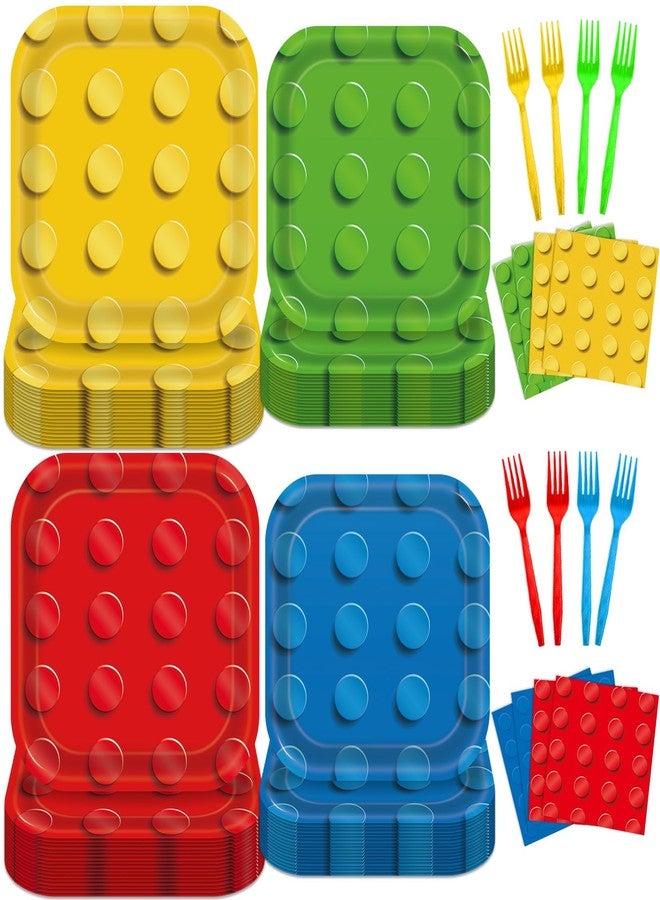 OBUSATT 96PCS Building Block Party Supplies Building Bricks Themed Party Plates and Napkins Colorful Blocks Bricks Square Paper Dinner Desert Plates for Birthday Party Favor Supplies Serve 24 Guests - Image 1