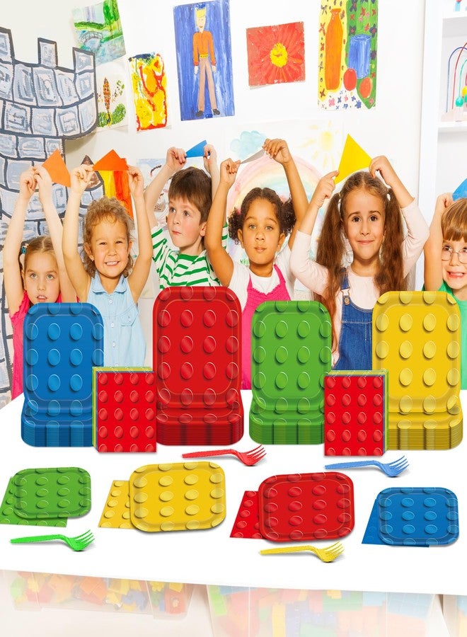 OBUSATT 96PCS Building Block Party Supplies Building Bricks Themed Party Plates and Napkins Colorful Blocks Bricks Square Paper Dinner Desert Plates for Birthday Party Favor Supplies Serve 24 Guests - Image 5