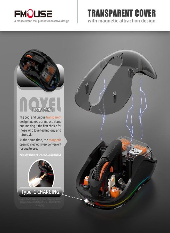 إف ماوس ماوس لاسلكي شفاف جديد من FMOUSE، ثلاثي الأوضاع (بلوتوث مزدوج + 2.4 جيجاهرتز)، مستقبل USB-C مثالي لأجهزة MacBook/أجهزة الكمبيوتر المحمولة/الكمبيوتر الشخصي، قابل لإعادة الشحن، محمول، صامت، فأرة شفافة لرحلات العمل والمكتب - أسود - Image 2