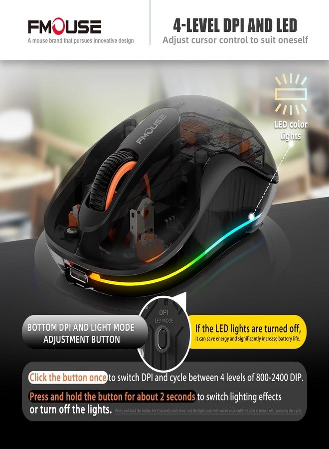إف ماوس ماوس لاسلكي شفاف جديد من FMOUSE، ثلاثي الأوضاع (بلوتوث مزدوج + 2.4 جيجاهرتز)، مستقبل USB-C مثالي لأجهزة MacBook/أجهزة الكمبيوتر المحمولة/الكمبيوتر الشخصي، قابل لإعادة الشحن، محمول، صامت، فأرة شفافة لرحلات العمل والمكتب - أسود - Image 4