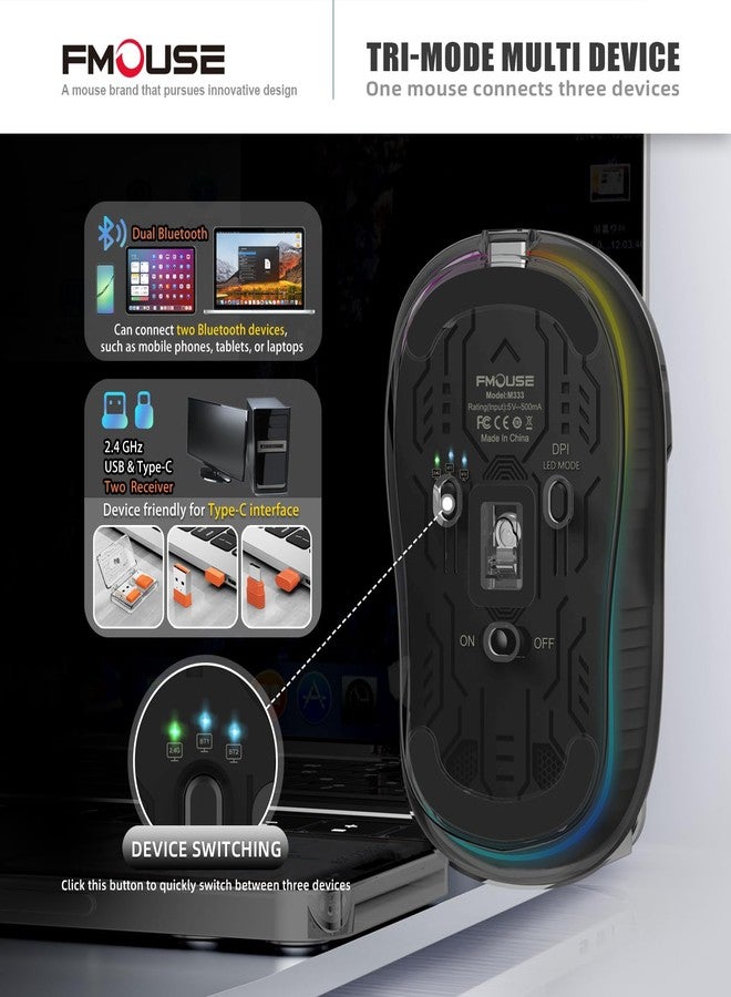 إف ماوس ماوس لاسلكي شفاف جديد من FMOUSE، ثلاثي الأوضاع (بلوتوث مزدوج + 2.4 جيجاهرتز)، مستقبل USB-C مثالي لأجهزة MacBook/أجهزة الكمبيوتر المحمولة/الكمبيوتر الشخصي، قابل لإعادة الشحن، محمول، صامت، فأرة شفافة لرحلات العمل والمكتب - أسود - Image 3