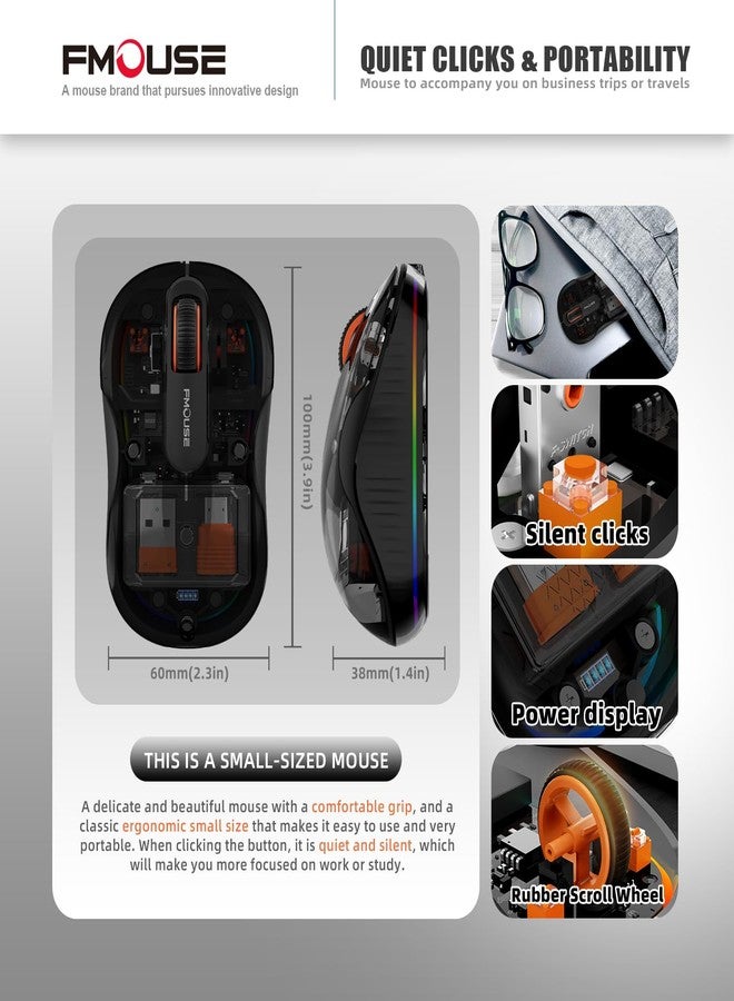 إف ماوس ماوس لاسلكي شفاف جديد من FMOUSE، ثلاثي الأوضاع (بلوتوث مزدوج + 2.4 جيجاهرتز)، مستقبل USB-C مثالي لأجهزة MacBook/أجهزة الكمبيوتر المحمولة/الكمبيوتر الشخصي، قابل لإعادة الشحن، محمول، صامت، فأرة شفافة لرحلات العمل والمكتب - أسود - Image 5