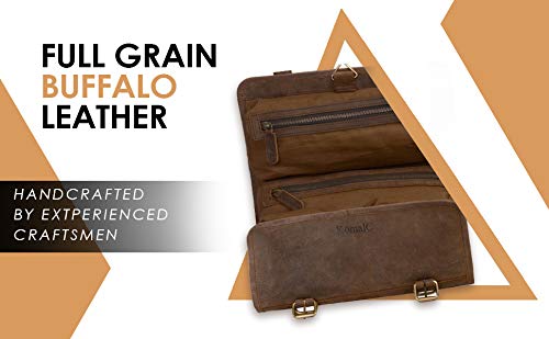 KomalC Premium Buffalo Leather Hanging Toiletry Bag Travel Dopp Kit (Distressed Tan) - Image 4