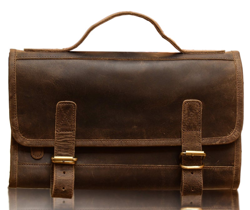 KomalC Premium Buffalo Leather Hanging Toiletry Bag Travel Dopp Kit (Distressed Tan) - Image 2