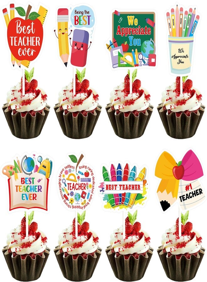 WorldBazaar Teacher Appreciation Cupcake Toppers 24 PCS End of Year Teacher Thank You Cake Topper Decoration Graduation Nurse Week Birthday Party Decorations - Image 1