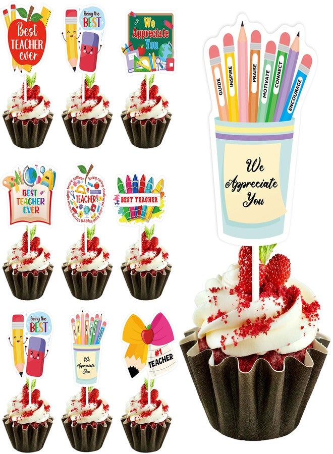 WorldBazaar Teacher Appreciation Cupcake Toppers 24 PCS End of Year Teacher Thank You Cake Topper Decoration Graduation Nurse Week Birthday Party Decorations - Image 2