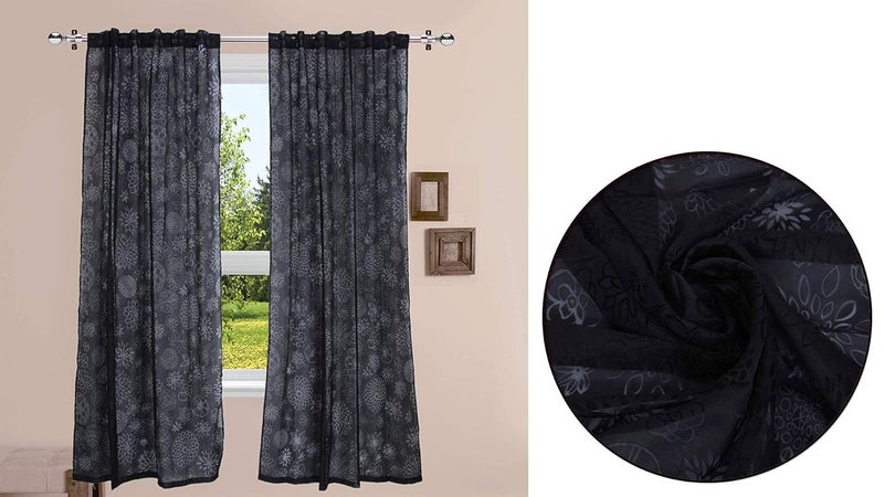 LINENWALAS LINENWALAS Floral Net Semi Transparent Window Curtains, Sheer Back Loops Curtains 5 Feet Long Set of 2, Net Fabric Curtains for Living Room, Bedroom, Kitchen (5 Feet, Black Floral) - Image 5