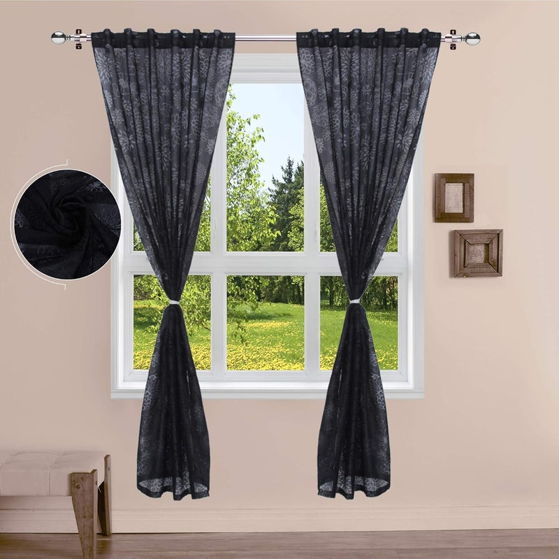 LINENWALAS LINENWALAS Floral Net Semi Transparent Window Curtains, Sheer Back Loops Curtains 5 Feet Long Set of 2, Net Fabric Curtains for Living Room, Bedroom, Kitchen (5 Feet, Black Floral) - Image 2