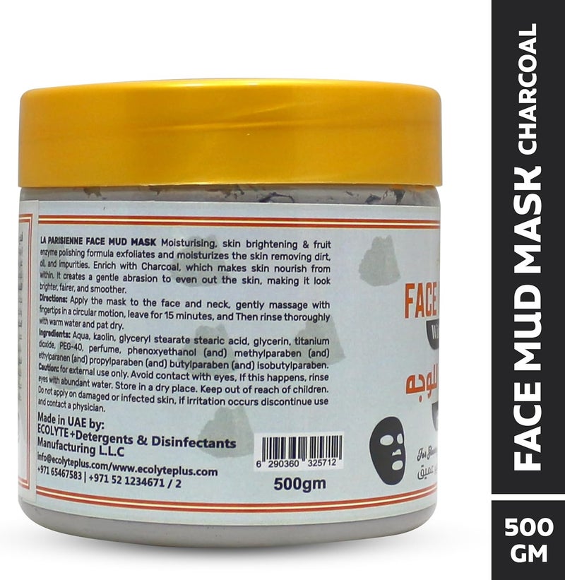 ECOLYTE+ La Parisienne Face Mud Mask with Charcoal - Spa Quality Exfoliating Treatment for Glowing Skin (500g) - Image 2