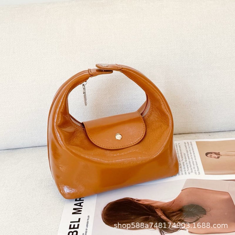 Top Layer Cowhide Lunch Box Bag Hand Carrying Small Bag Womens High-Level Niche Design Cloud Bag All-Match Crossbody Bag Dumpling Bag Caramel brown with long shoulder strap first layer cowhide in stock