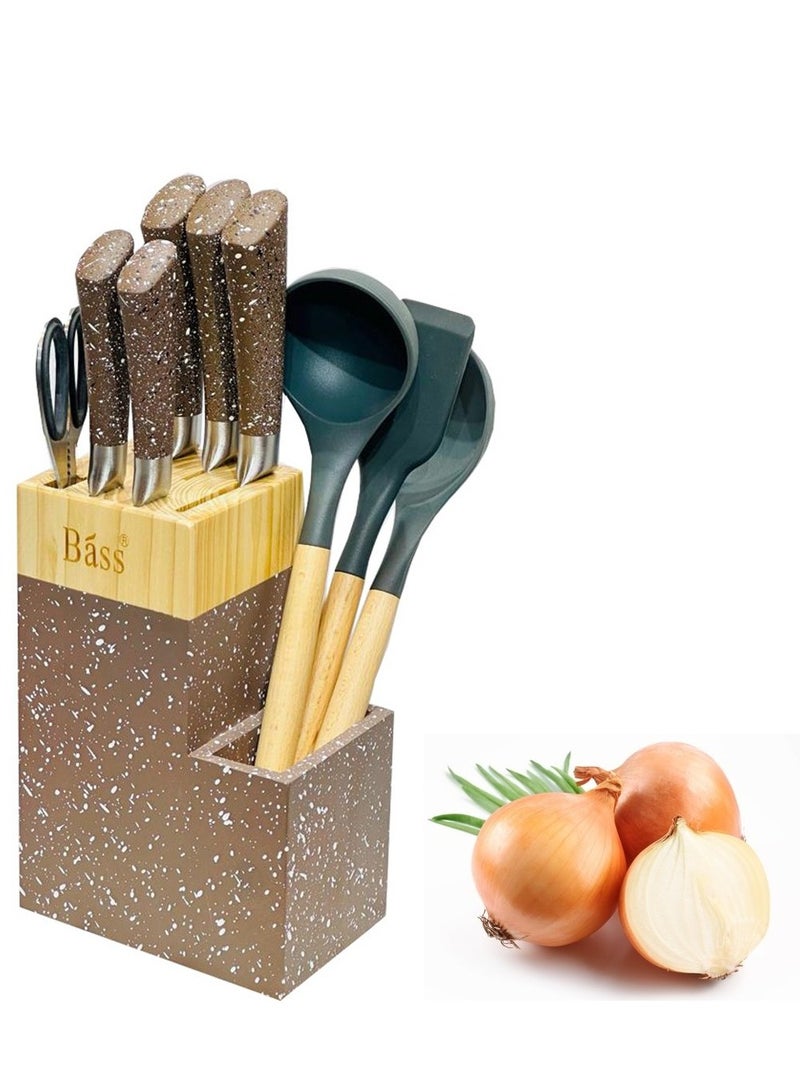 باس مجموعة سكاكين 12 قطعة مع أواني طبخ سيليكون مع حامل خشبي باس - Image 1