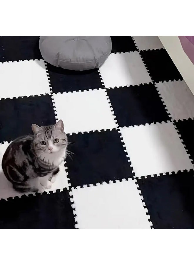 12 Pcs Plush Foam Floor Mat Square Interlocking Carpet Tiles with Border Fluffy Play Mat Floor Tiles Soft Climbing Area Rugs for Home Playroom Decor, 30x30x1cm (White, Black)