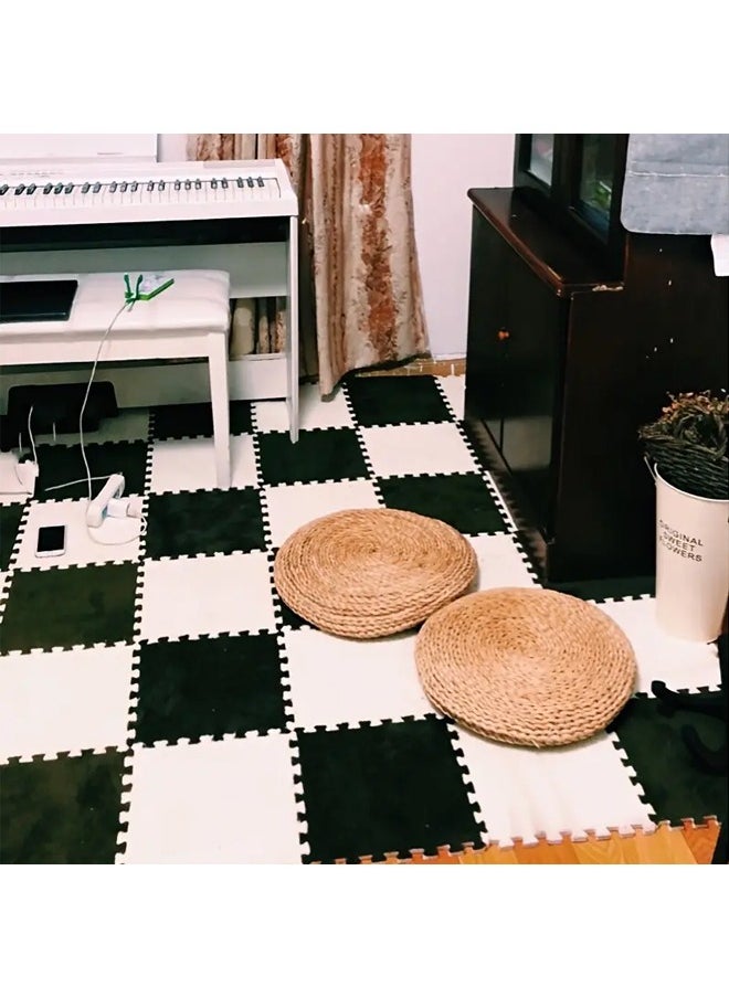 12 Pcs Plush Foam Floor Mat Square Interlocking Carpet Tiles with Border Fluffy Play Mat Floor Tiles Soft Climbing Area Rugs for Home Playroom Decor, 30x30x1cm (White, Black)