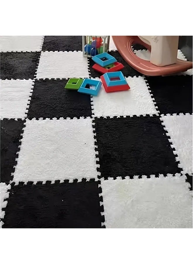 12 Pcs Plush Foam Floor Mat Square Interlocking Carpet Tiles with Border Fluffy Play Mat Floor Tiles Soft Climbing Area Rugs for Home Playroom Decor, 30x30x1cm (White, Black)