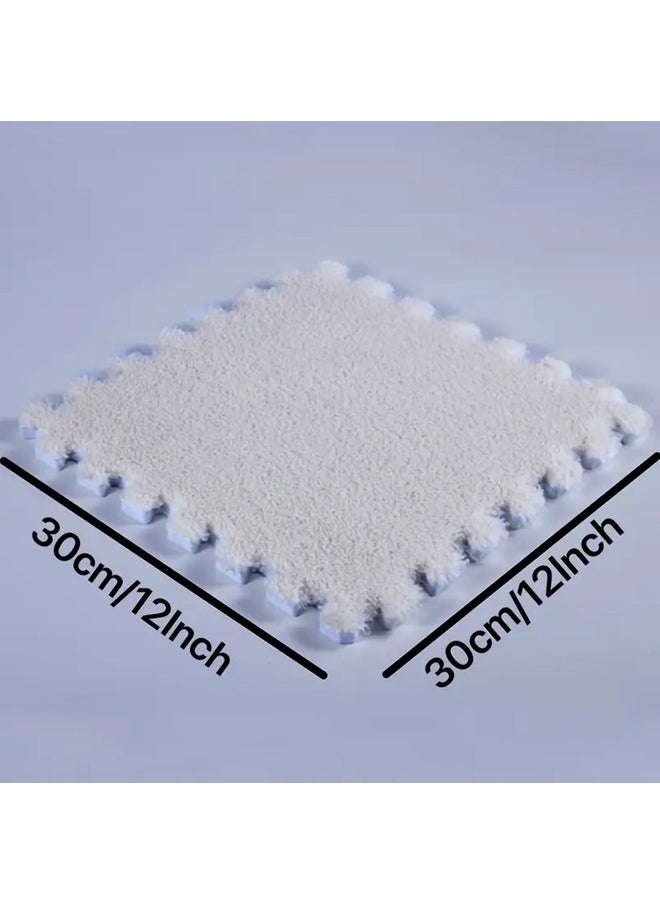 12 Pcs Plush Foam Floor Mat Square Interlocking Carpet Tiles with Border Fluffy Play Mat Floor Tiles Soft Climbing Area Rugs for Home Playroom Decor, 30x30x1cm (White, Black)