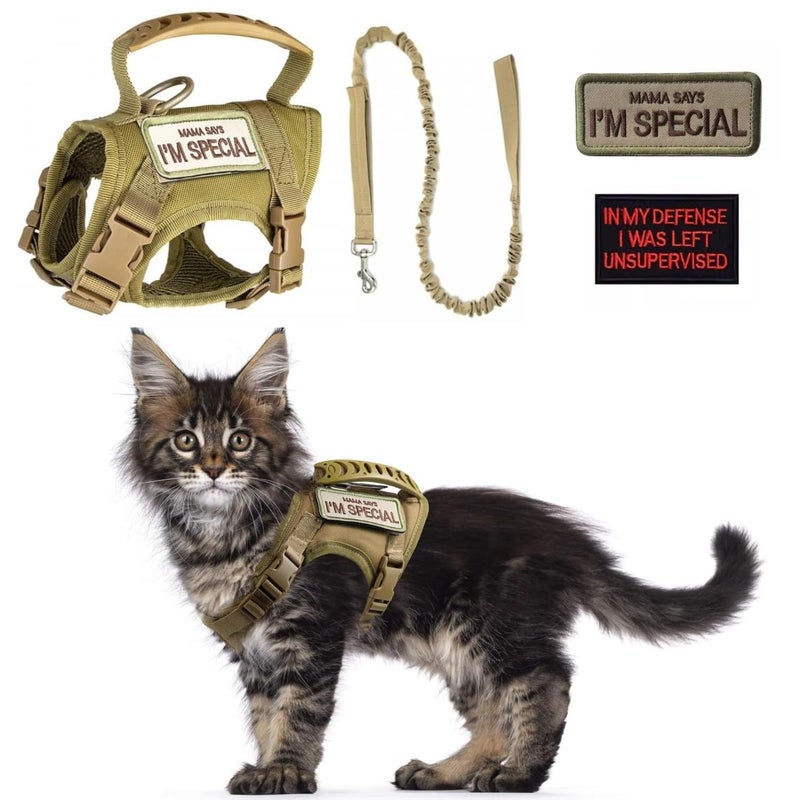 SEZDEKI Tactical Cat Harness and Leash Set for Walking Escape Proof Adjustable Large Cat Vest Harness with Patches Soft Mesh Padding Rubber Handle Easy to Control (Khaki Harness & Leash) - Image 1